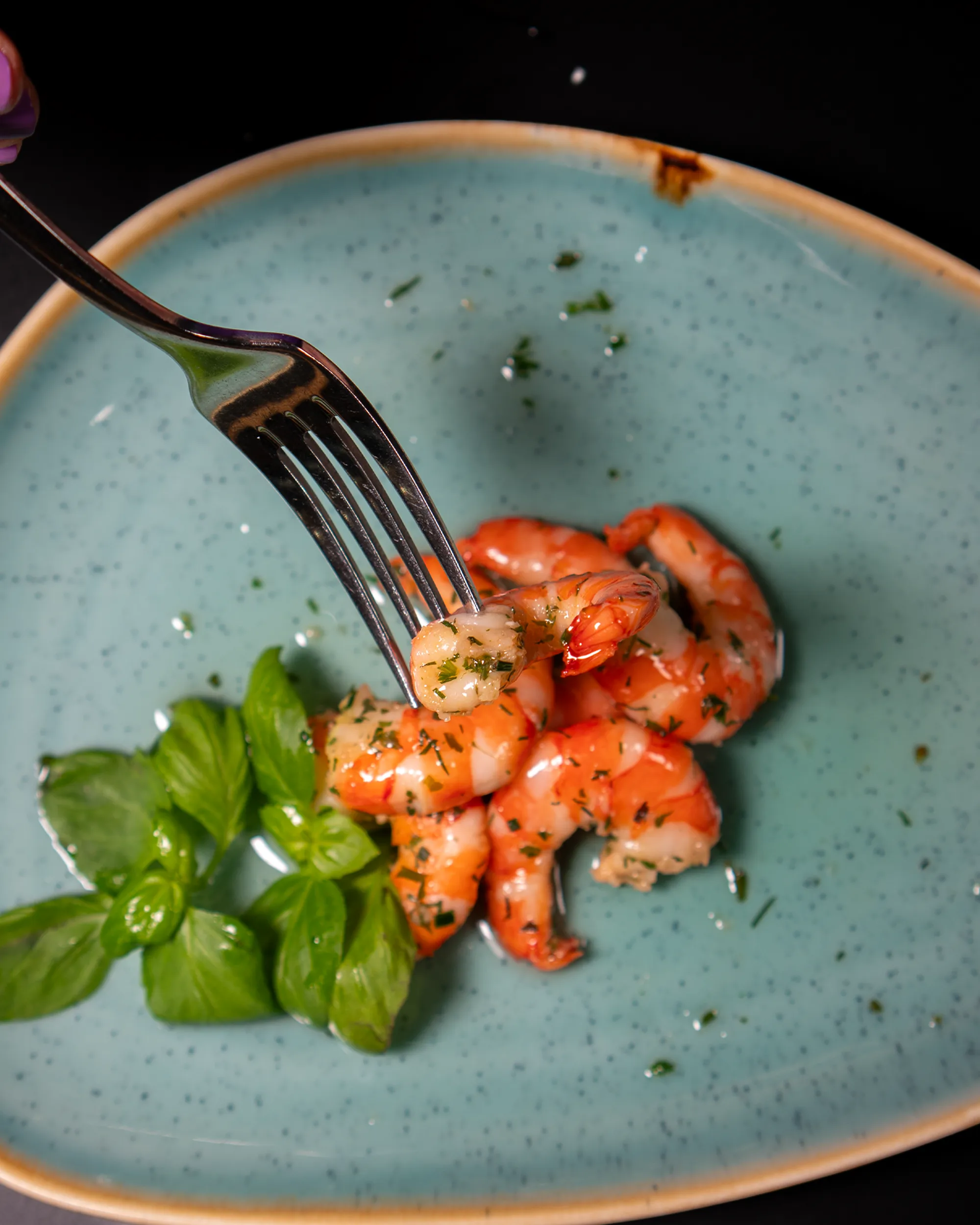 Garnelen mit Kräutern auf blauem Teller – Food-Fotografie von Eura Media Wien