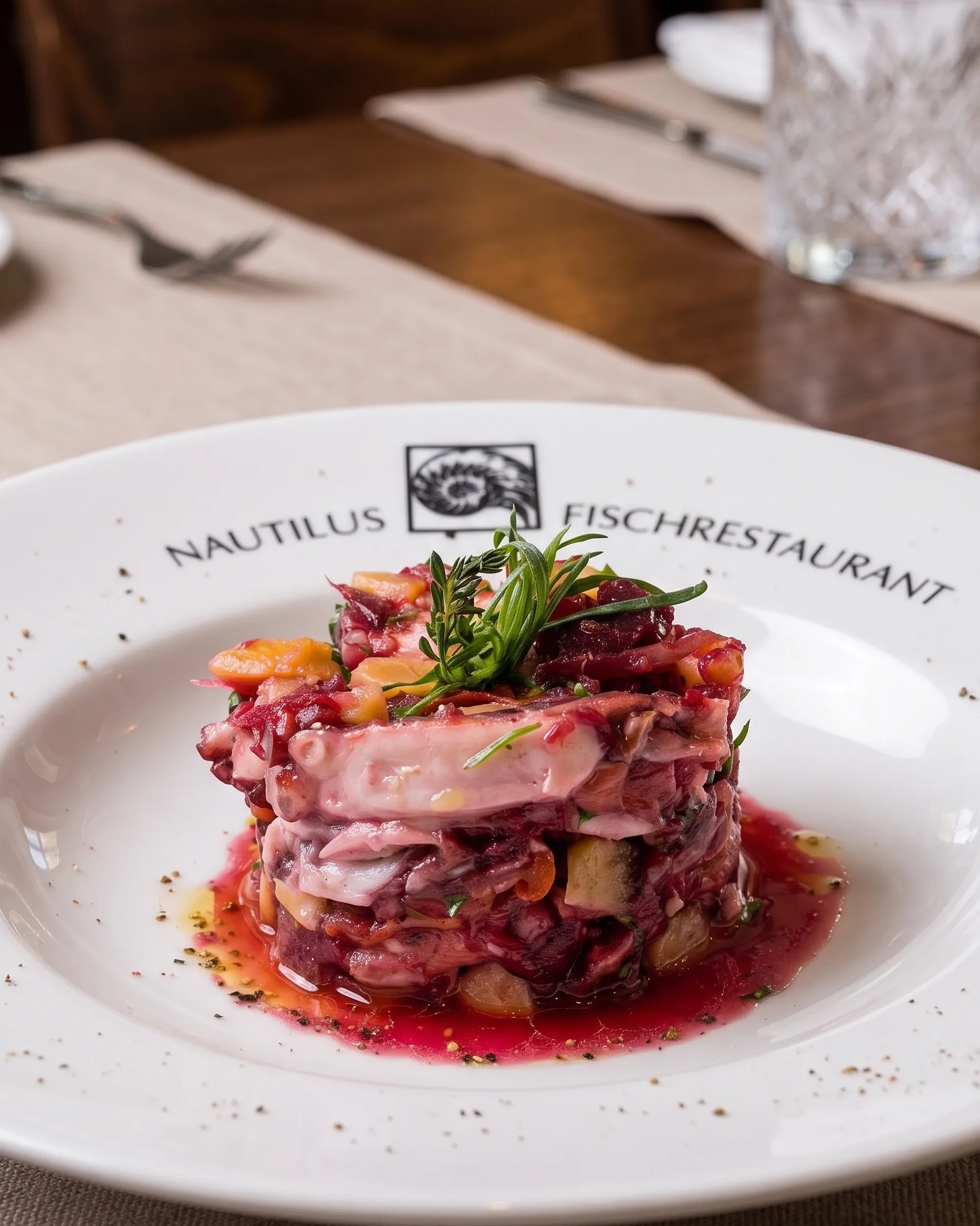 Tatar auf Teller des Nautilus Fischrestaurants – Speisenfotografie von Eura Media Wien